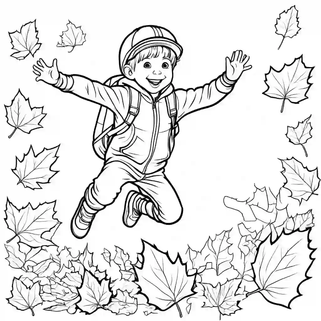 Jumping in Leaf Piles in Autumn coloring pages